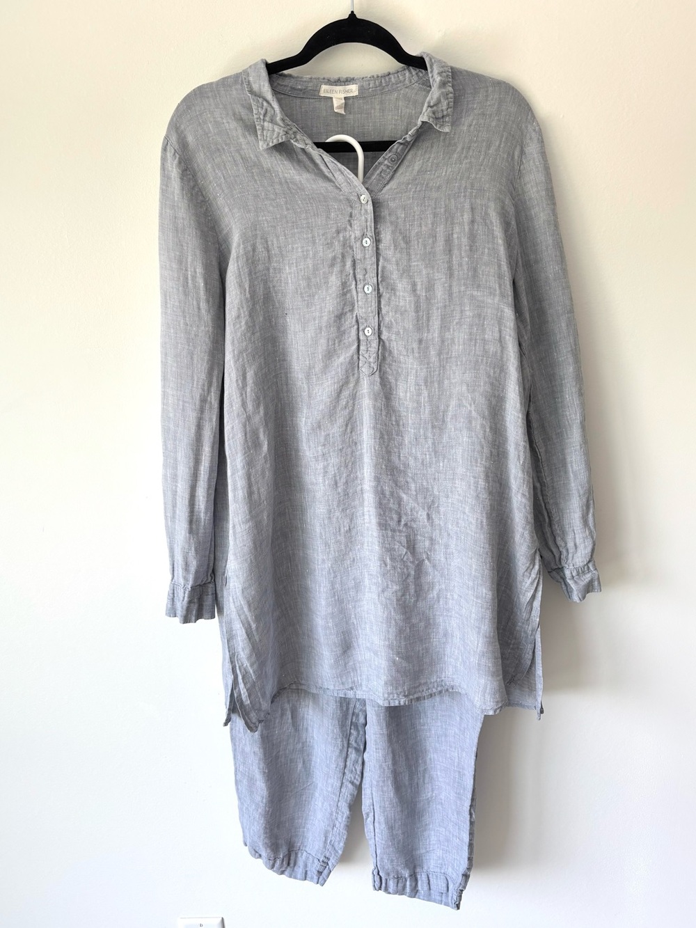 Eileen Fisher Blue Organic Linen Set Pants Tunic Top Lagenlook Costal Grandma